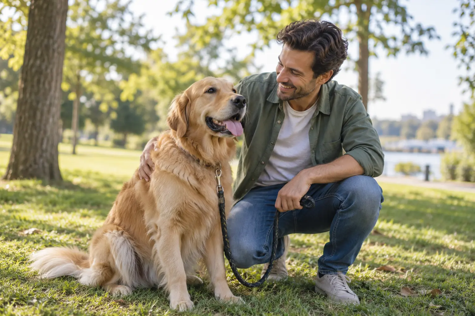 Perro acompañado por su propietario en un parque
