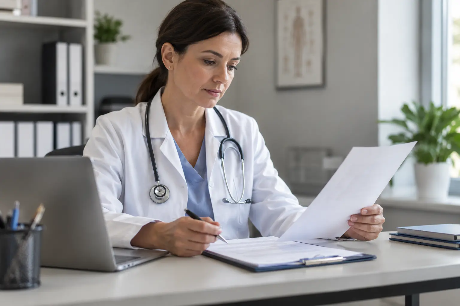 Profesional revisando documentación médica en una oficina